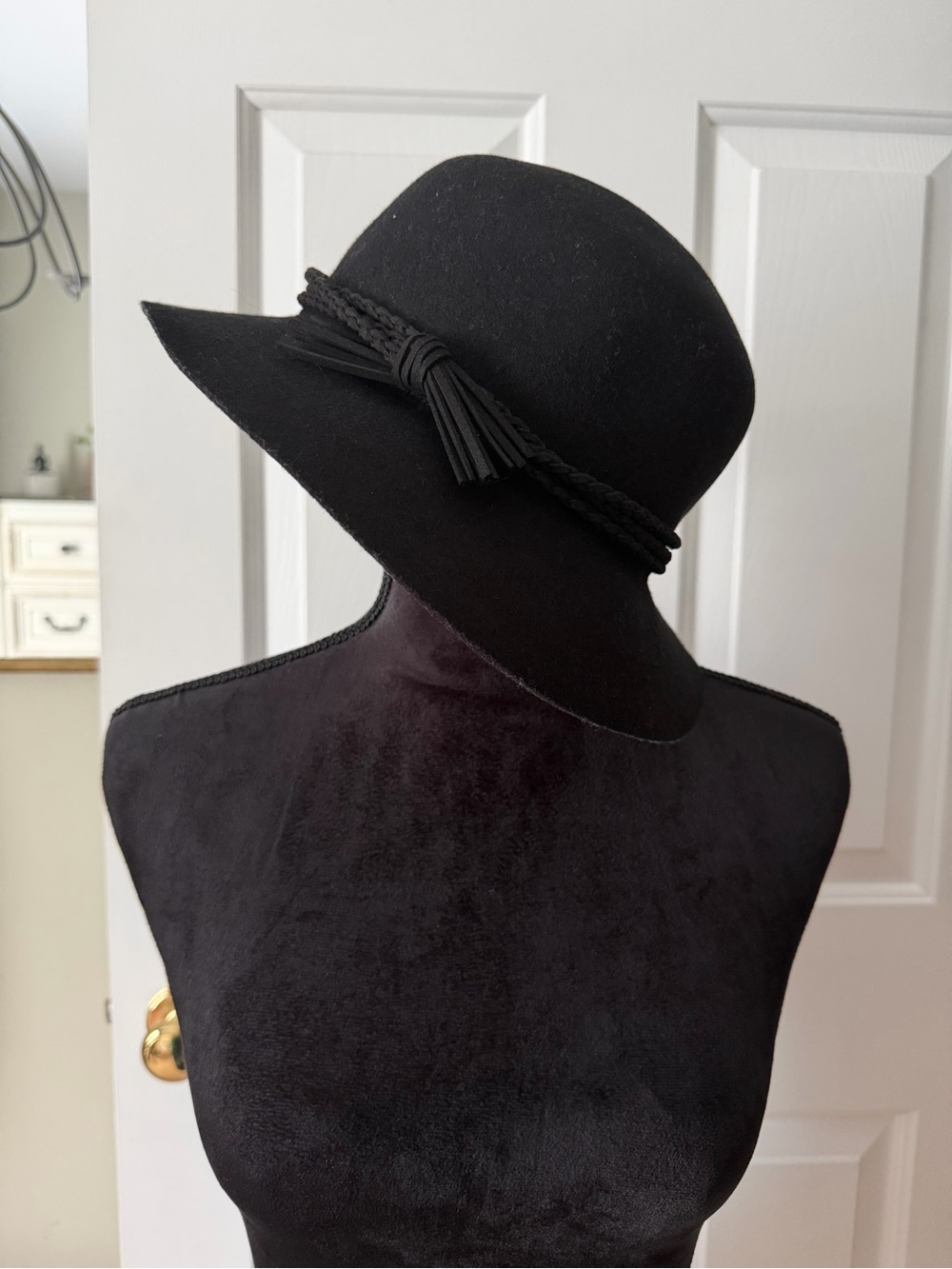 Christian Siriano Black Wool Floppy Hat with Braided Tassel